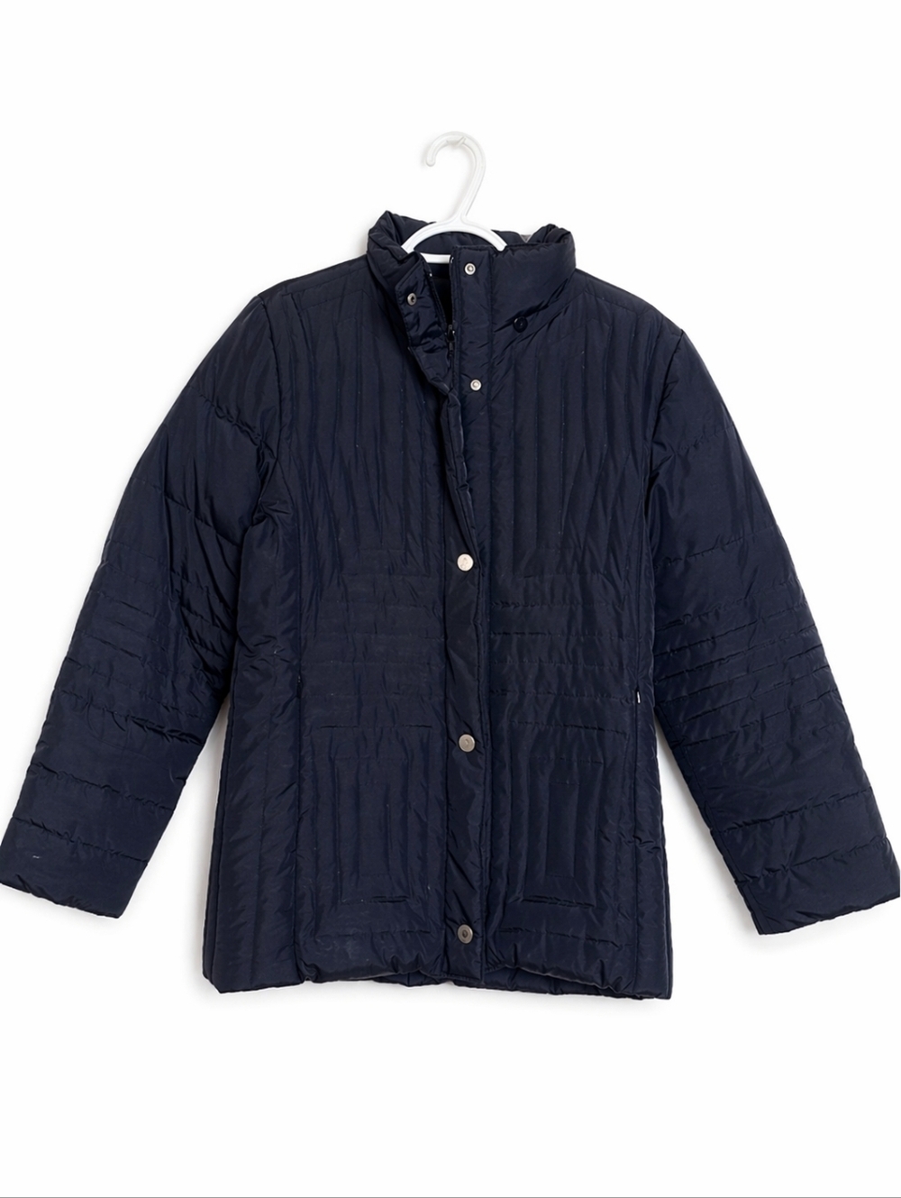 ​Nuage Black Down Filled Quilted Puffer Jacket Geometric Stitch Snap Front